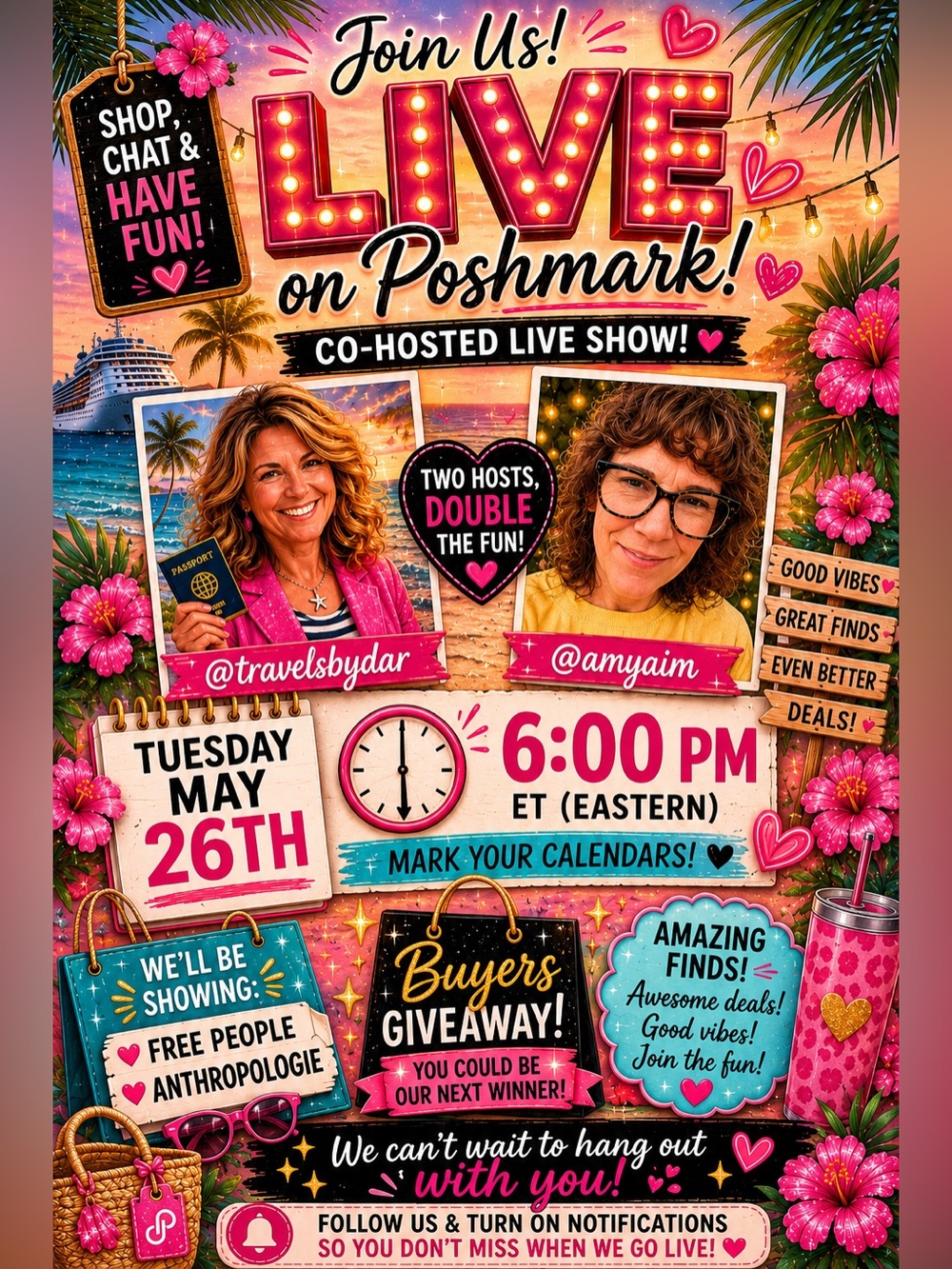 Poshmark Live with @Travelsbydar & @amyaim. Like to be notified!!!